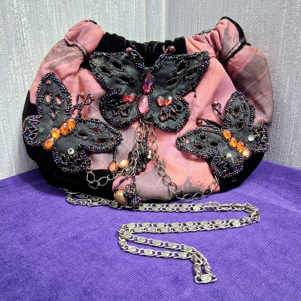 Vintage Mary Frances Velvet Butterfly Bag Purse Chain Strap Beaded Art Piece